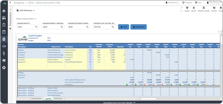 Enter capital purchases by department with comment, price and quantity.