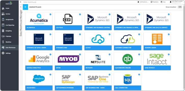 Example of some of the data source connectors in the Data Warehouse.