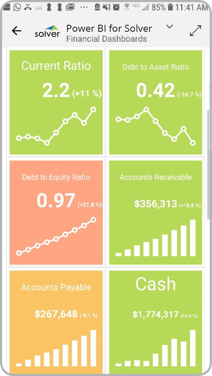 Shows financial KPIs on mobile app.